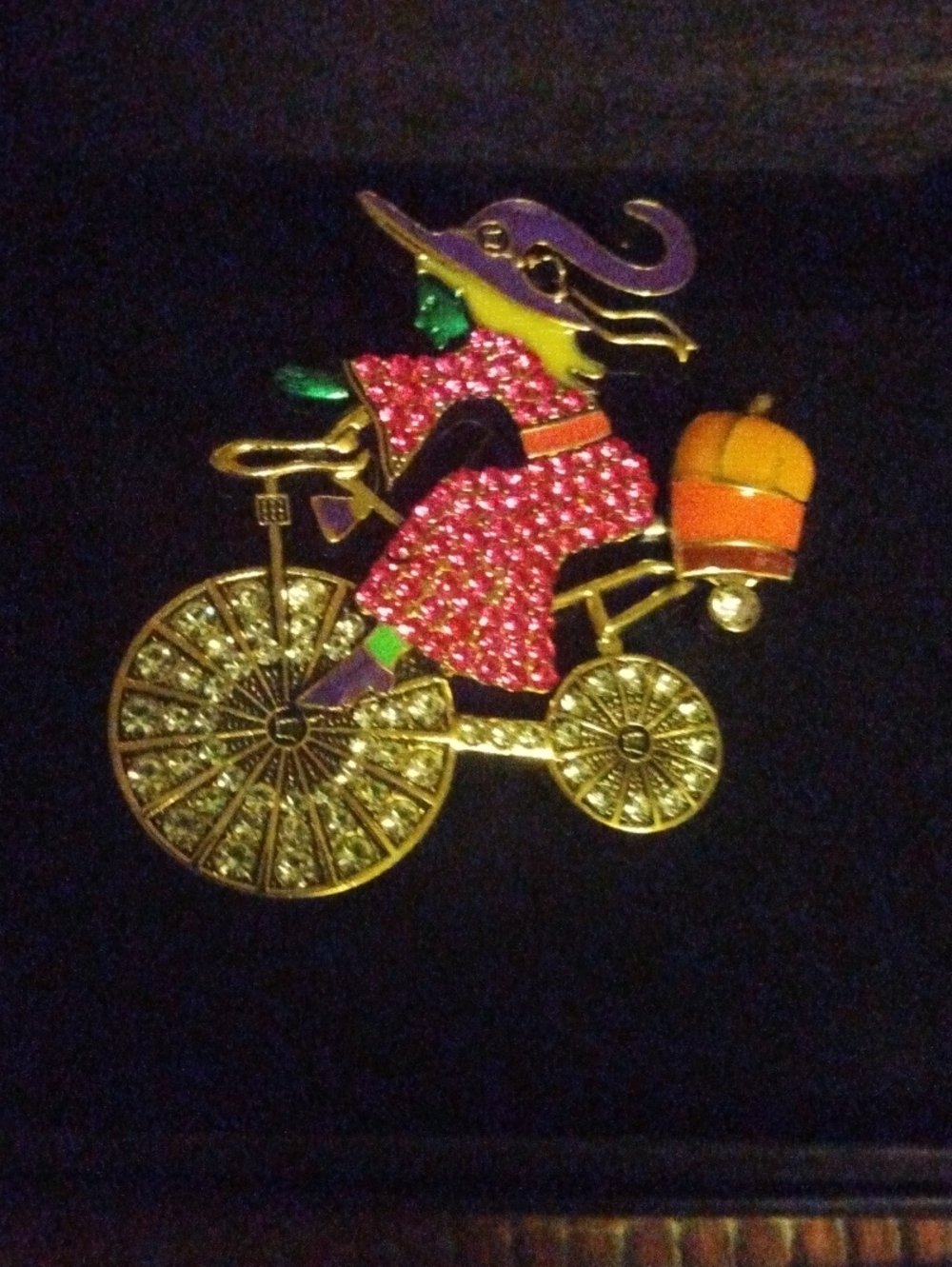 Halloween Witch Bicycle Brooch - Pink, Purple & Gold Costume Pin
